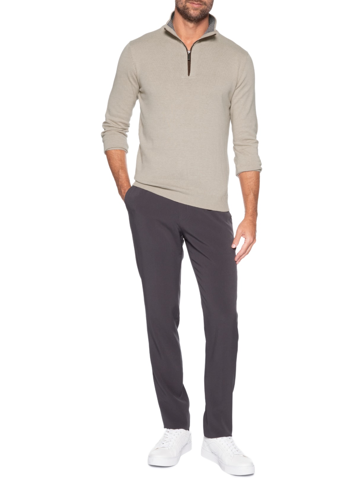 Tricot Masculino Gola Alta e Meio Zíper – Bege '2 Essential