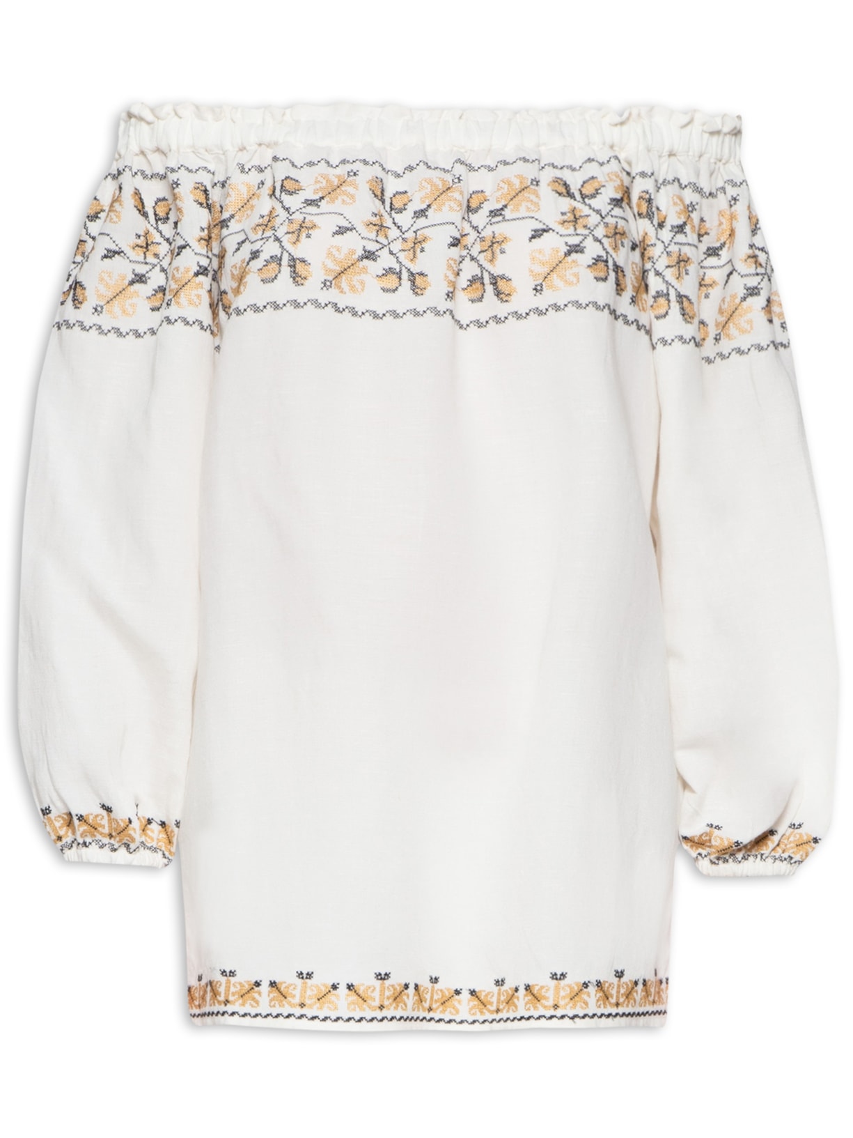 Túnica Feminina Bordada Ponto Cruz Ouro - Branco