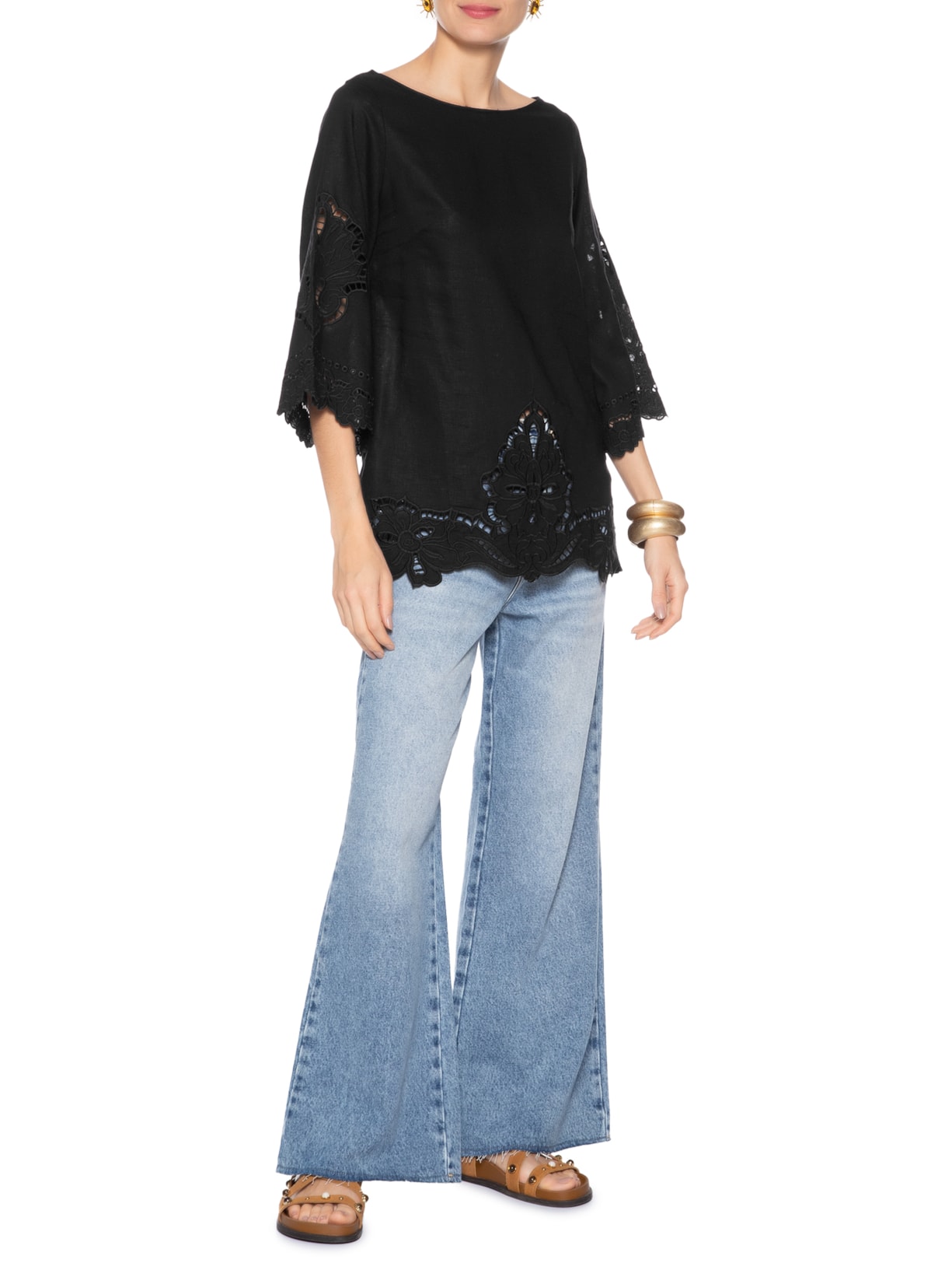 Túnica Feminina Bordado Bloom Preto Maria Filó