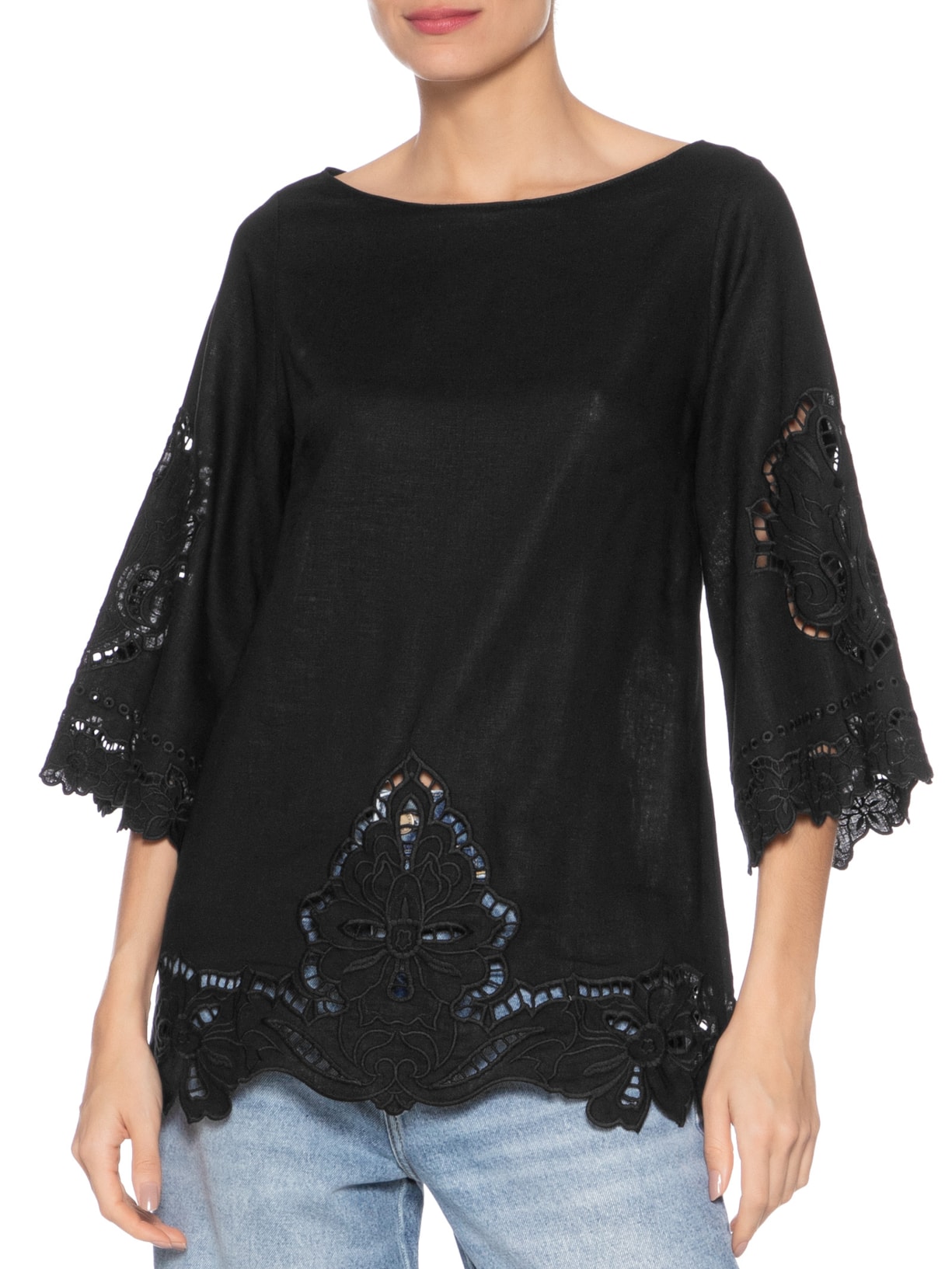 Túnica Feminina Bordado Bloom Preto Maria Filó