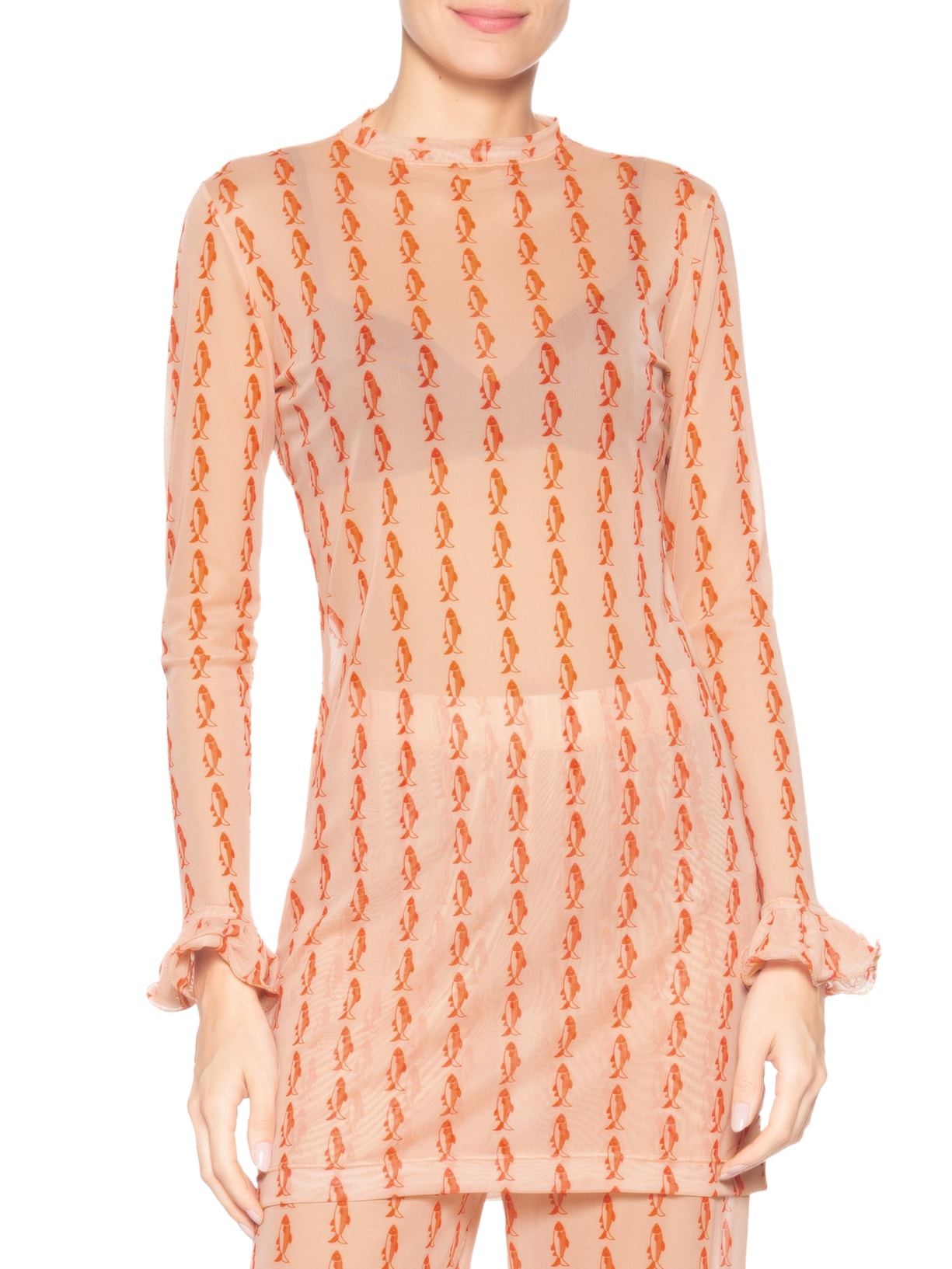 Túnica Feminina Tule Estampa Cardume Rosa Valônia Véras