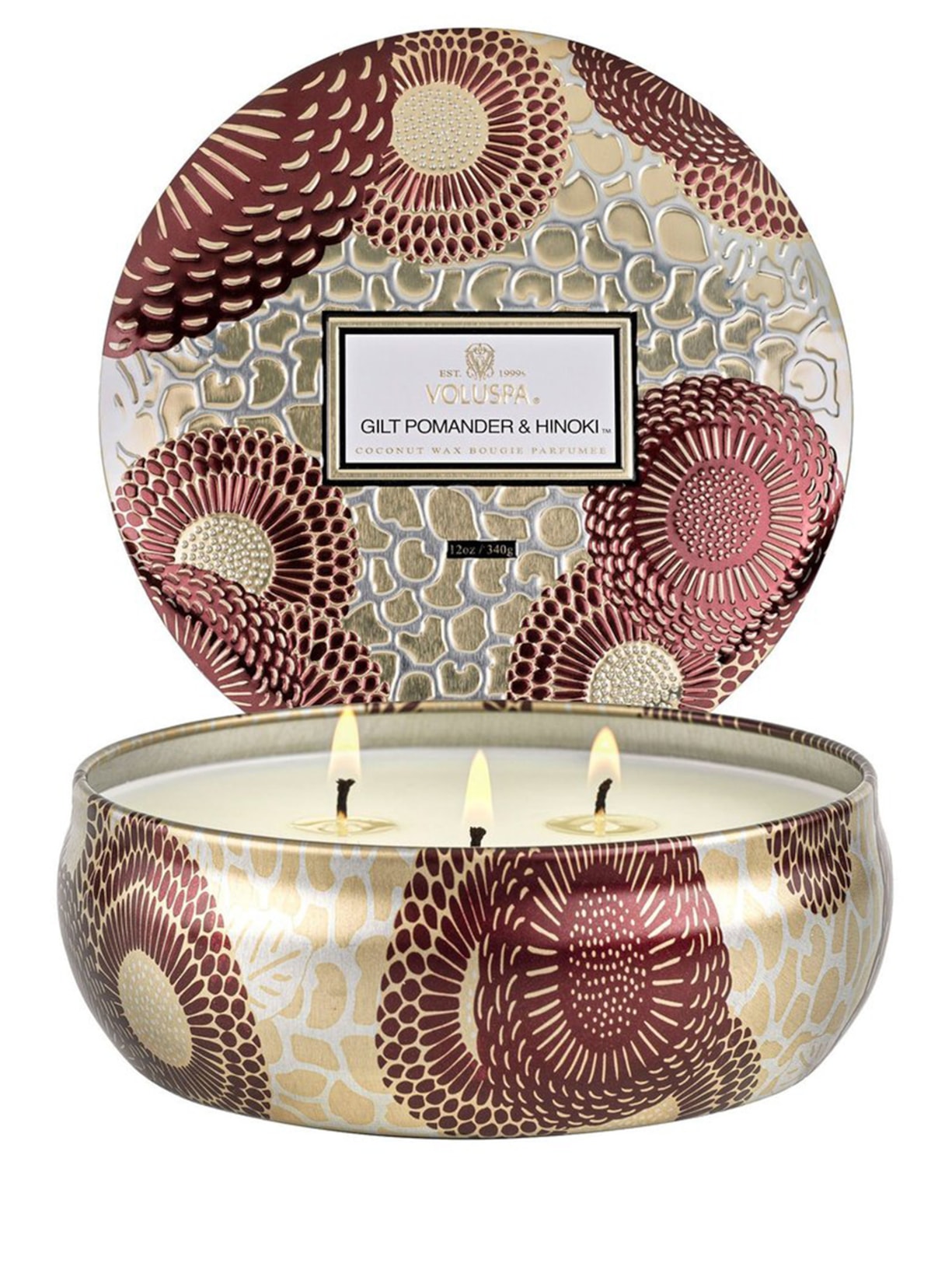 Vela Lata 3 Pavios 60h Relevo Gilt Pomander e Hinoki - Dourado