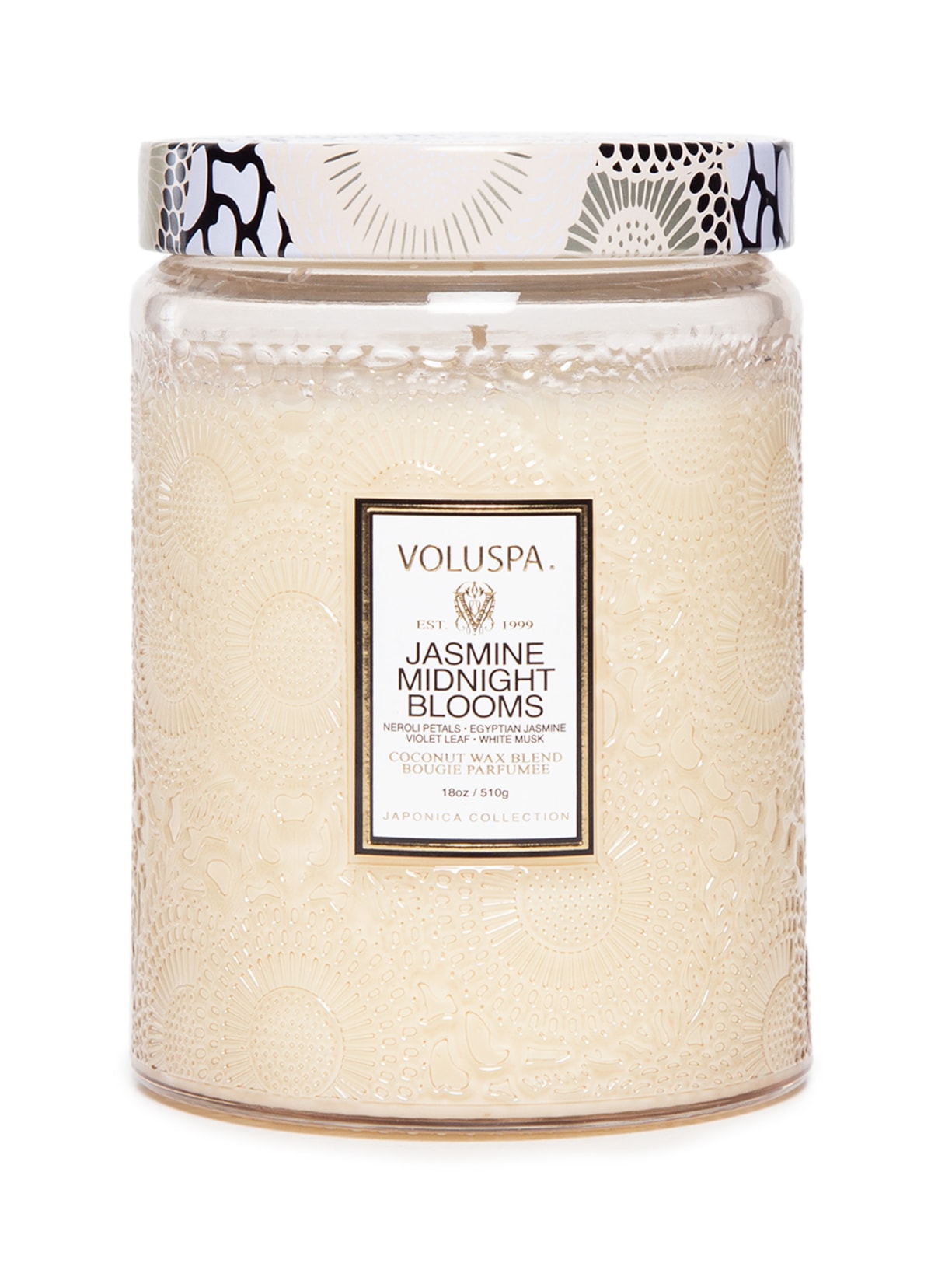 Vela Pote Vidro G 100H Relevo Jasmine Midnight Blooms - Branco