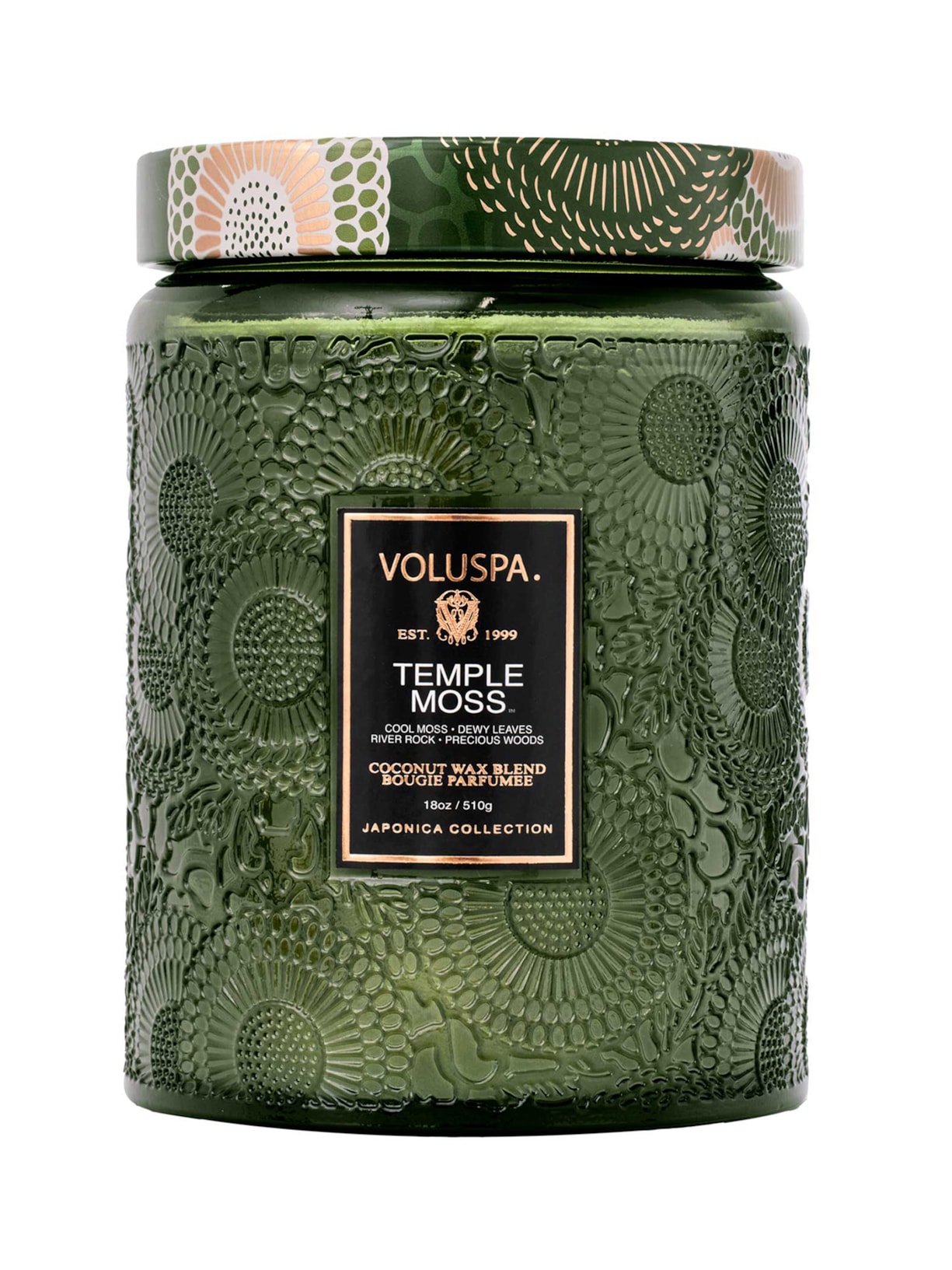 Vela Pote Vidro Grande 100H Relevo Temple Moss - Verde