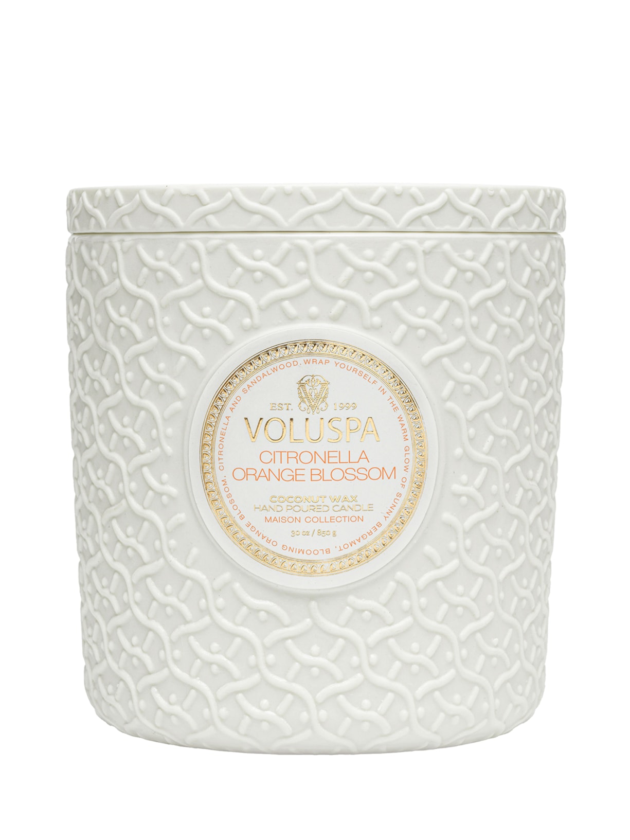 Vela Pote Vidro Luxe +80H Cerâmica Citronella Orange Blossom - Branco