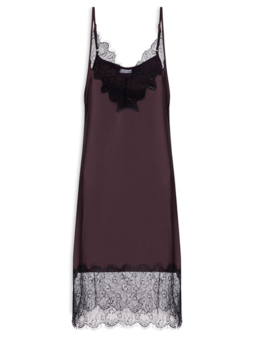 Vestido Acetinado Com Renda - Marrom