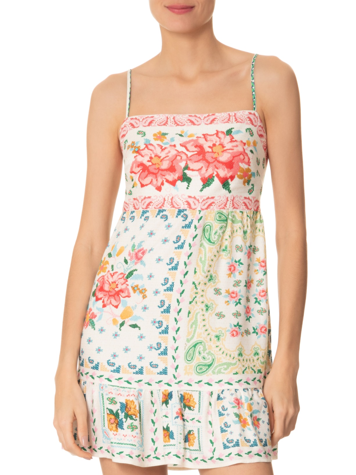 Vestido Alça Borda Bandana Off White Farm