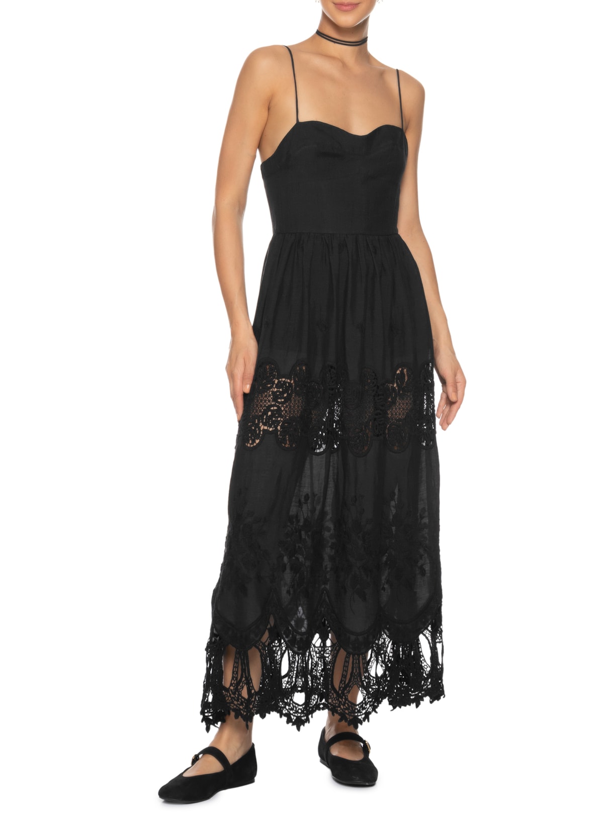 Vestido Alça Renda Bordada Preto Animale