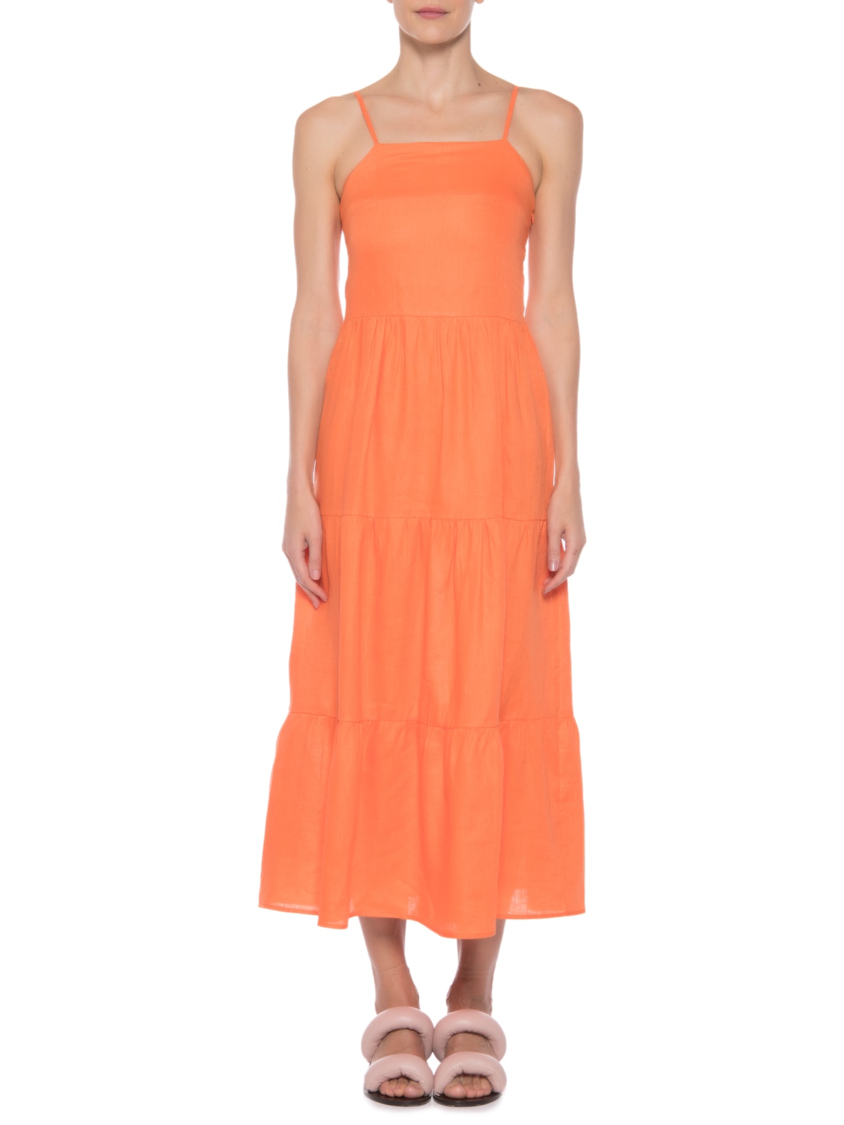Vestido Alças E Camadas Linho Puro Laranja '2Essential