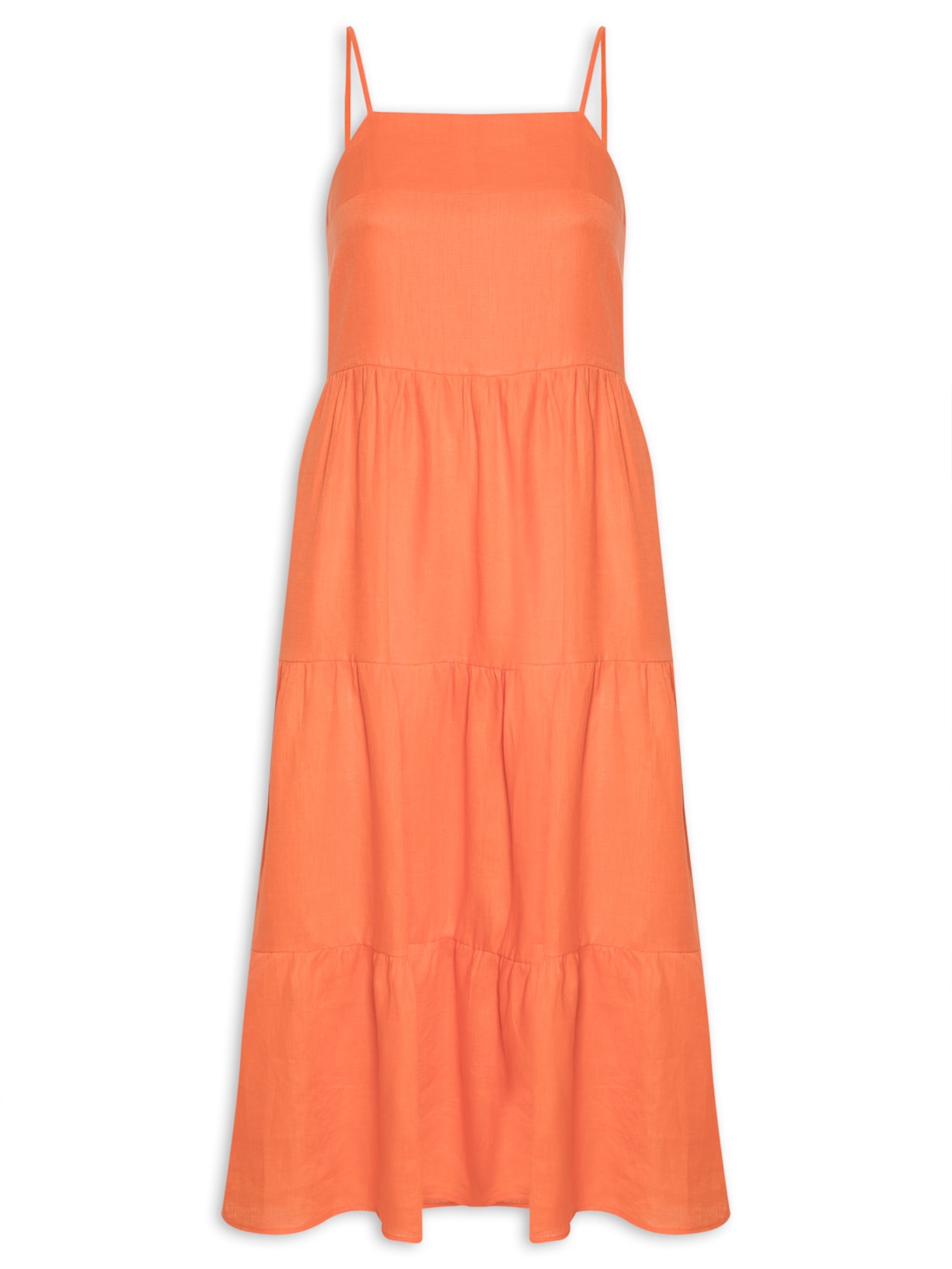 Vestido Alças E Camadas Linho Puro - Laranja
