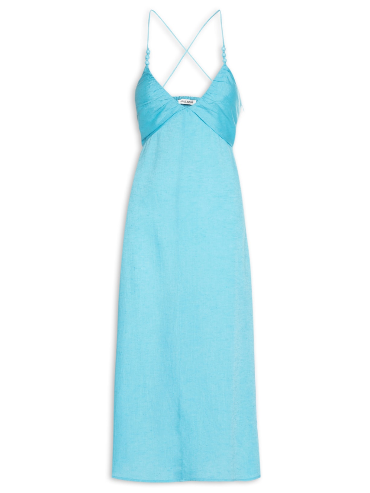 Vestido Alças Midi Franzido E Aviamento - Azul