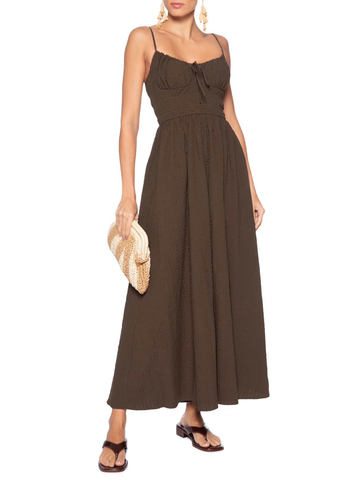 Vestido Alcinhas Midi Marrom Farm