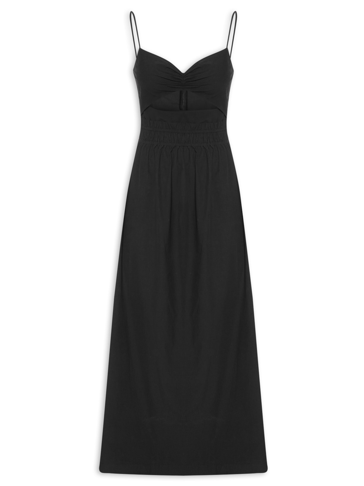 Vestido Algodão Midi Busto Franzido - Preto