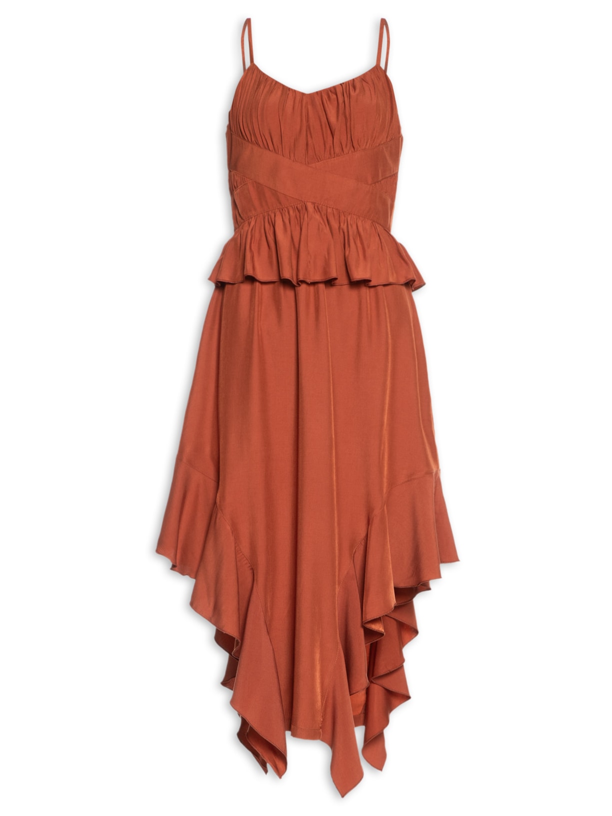 Vestido Assimétrico com Babados e Fenda Lateral - Laranja