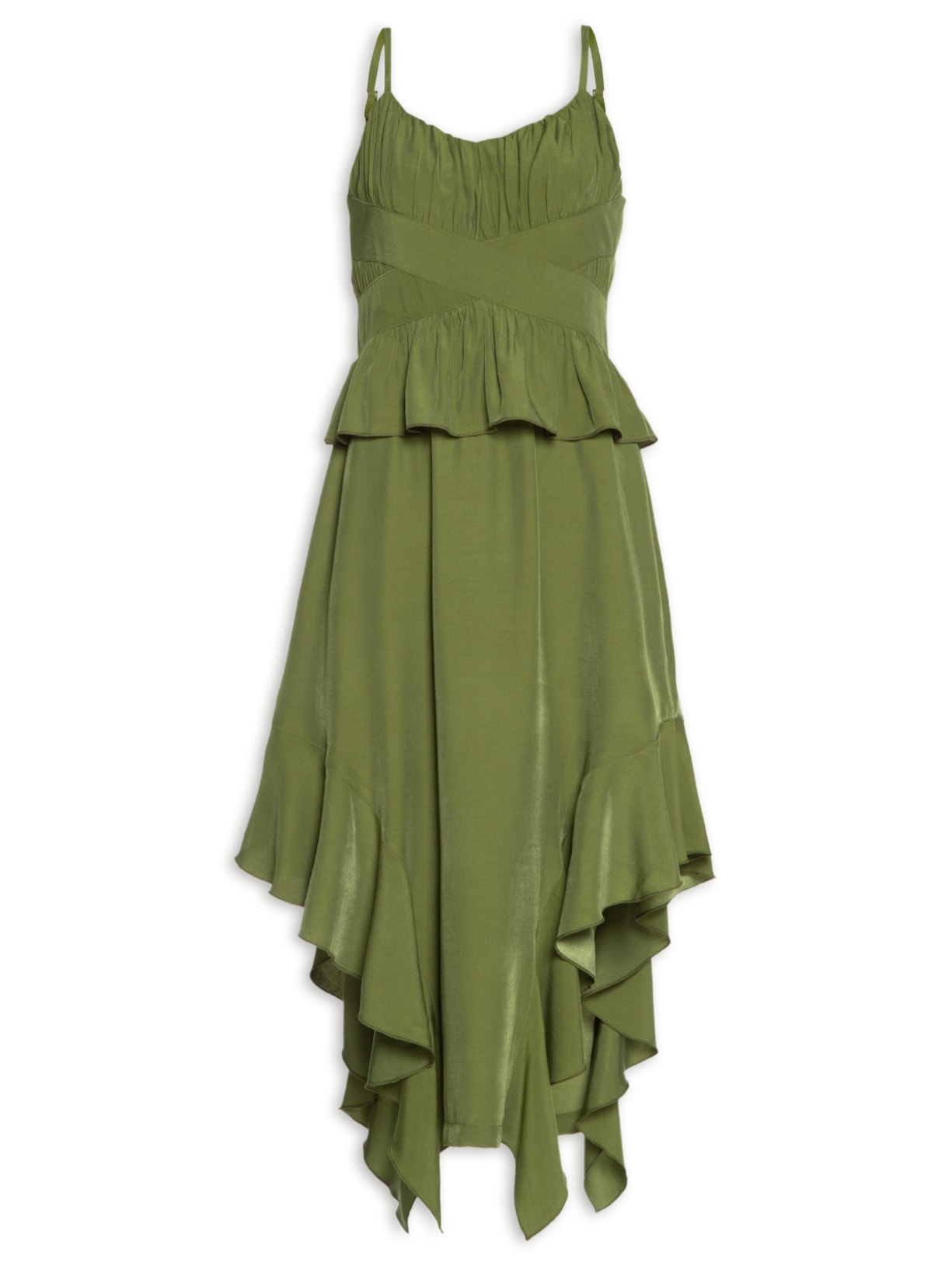 Vestido Assimétrico com Babados e Fenda Lateral - Verde