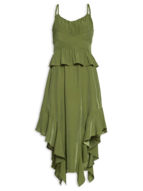 Vestido Assimétrico com Babados e Fenda Lateral - Verde