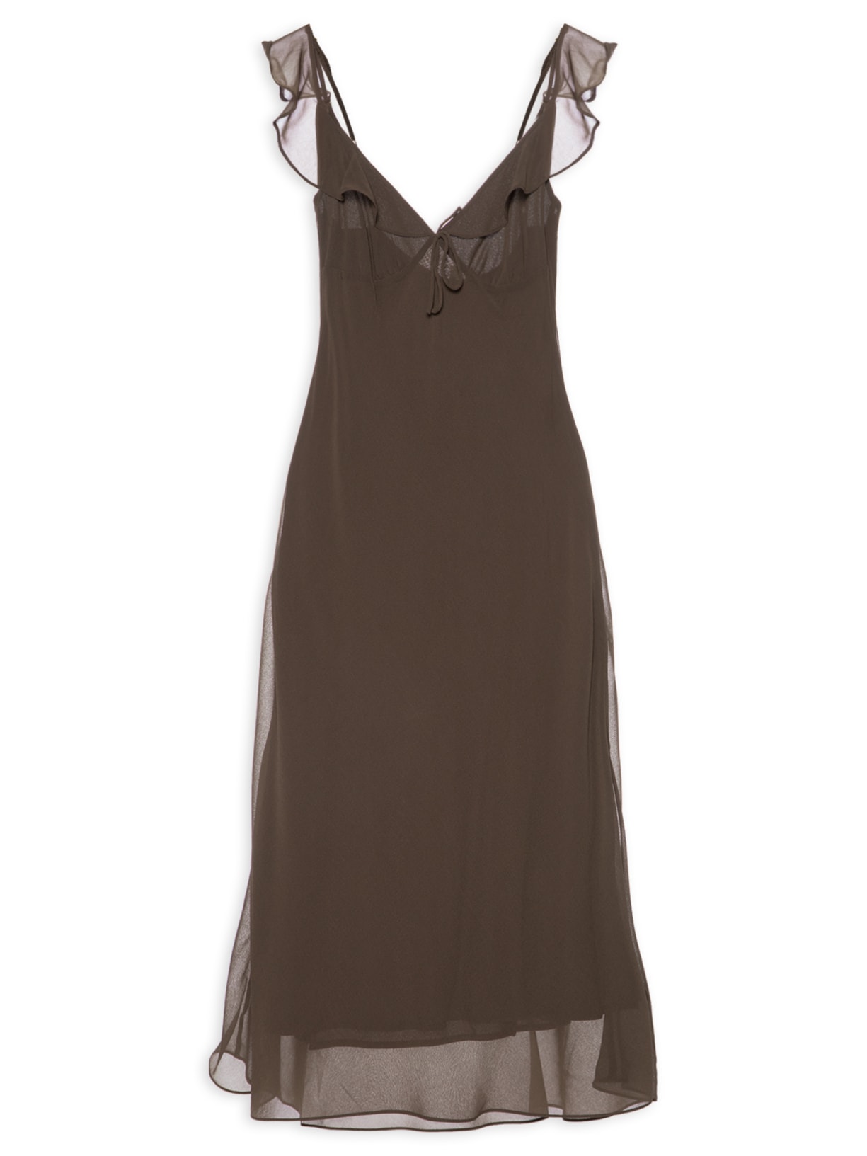 Vestido Babados Enviesado Marrom Farm