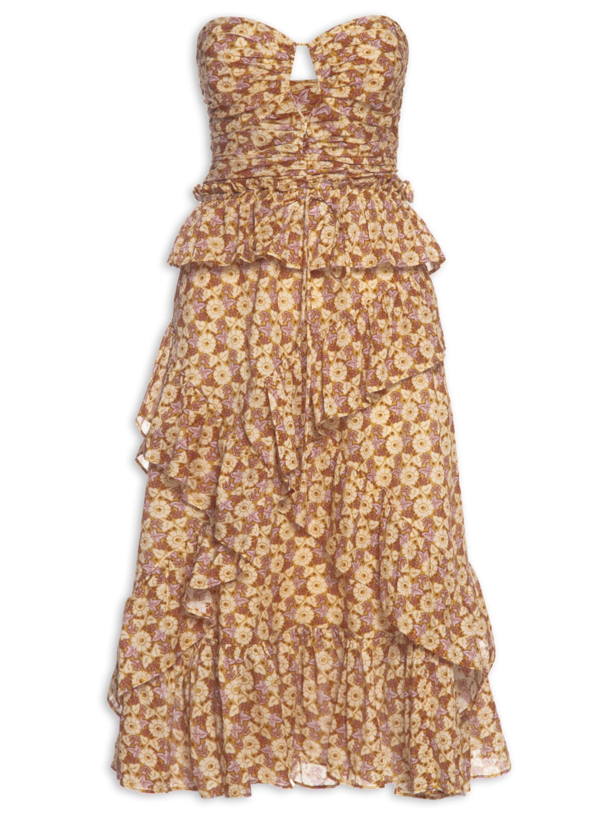 Vestido Babados Estampa Cali - Bege