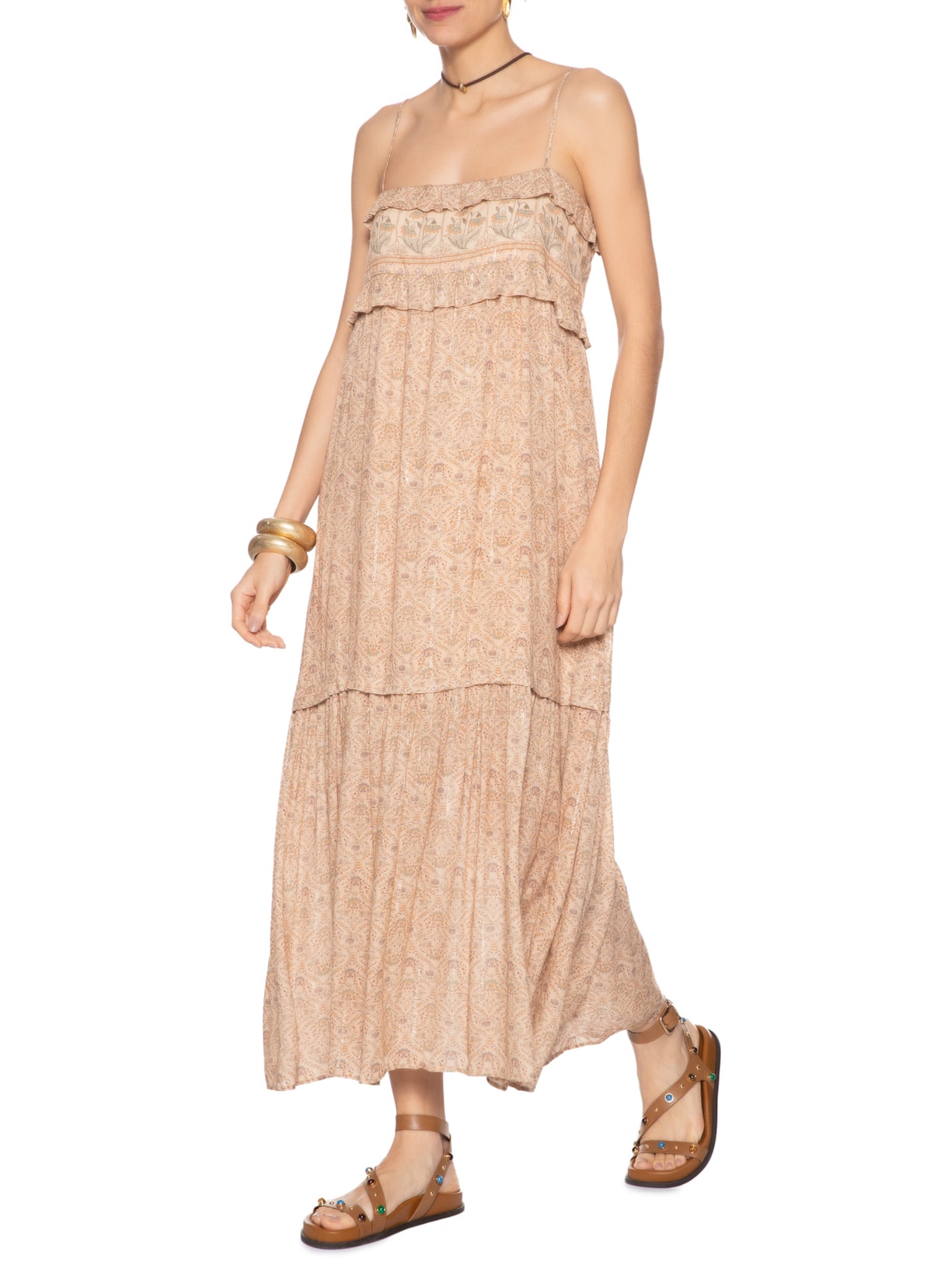 Vestido Babados Estampa Florish Bege Maria Filó