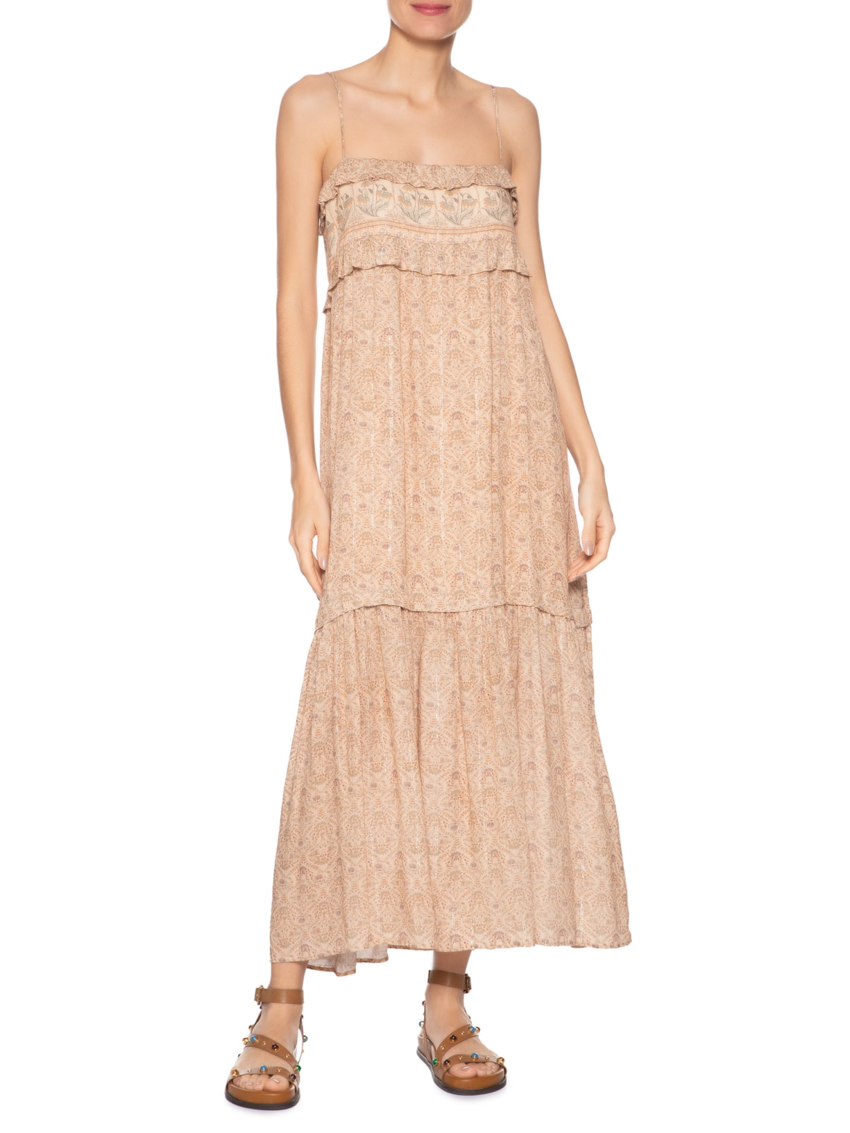 Vestido Babados Estampa Florish Bege Maria Filó