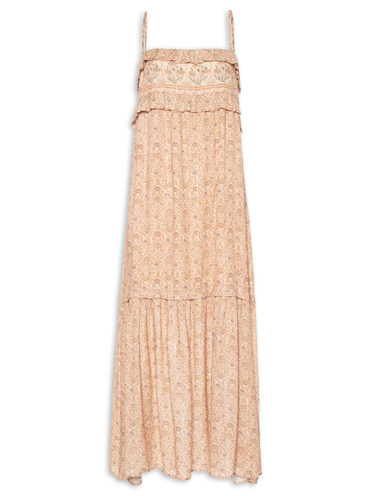 Vestido Babados Estampa Florish Bege Maria Filó