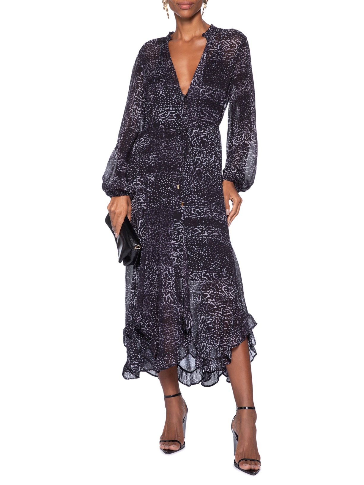 Vestido Babados Textura Tile Preto Animale