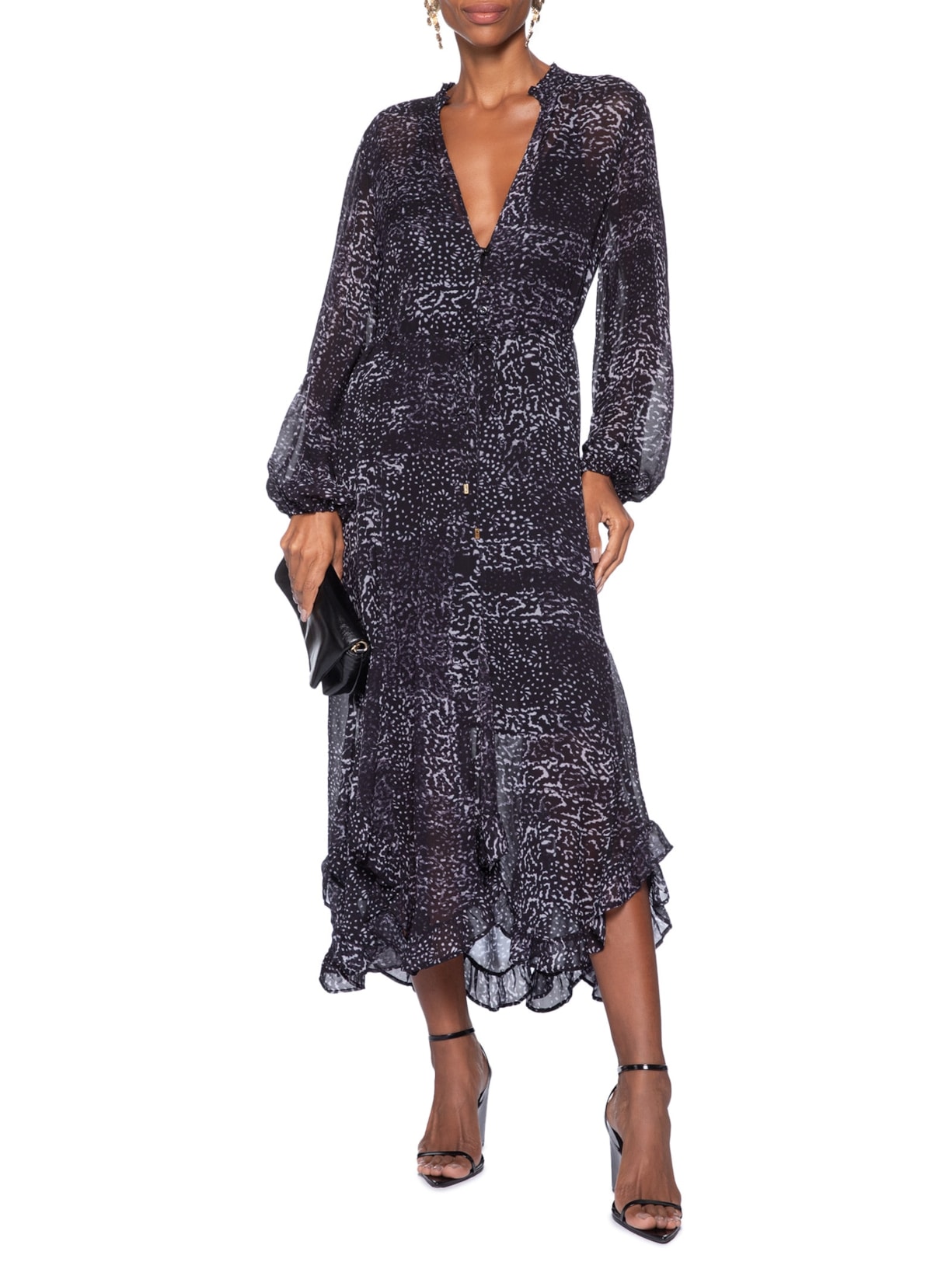 Vestido Babados Textura Tile Preto Animale