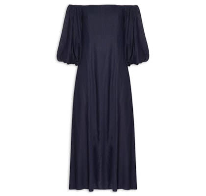 Vestido Balonê Em Linho Misto - Azul