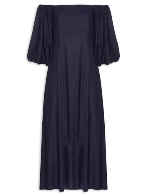 Vestido Balonê Em Linho Misto - Azul