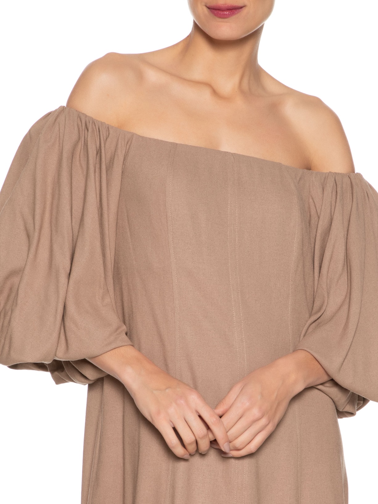 Vestido Balonê Em Linho Misto Bege '2Essential