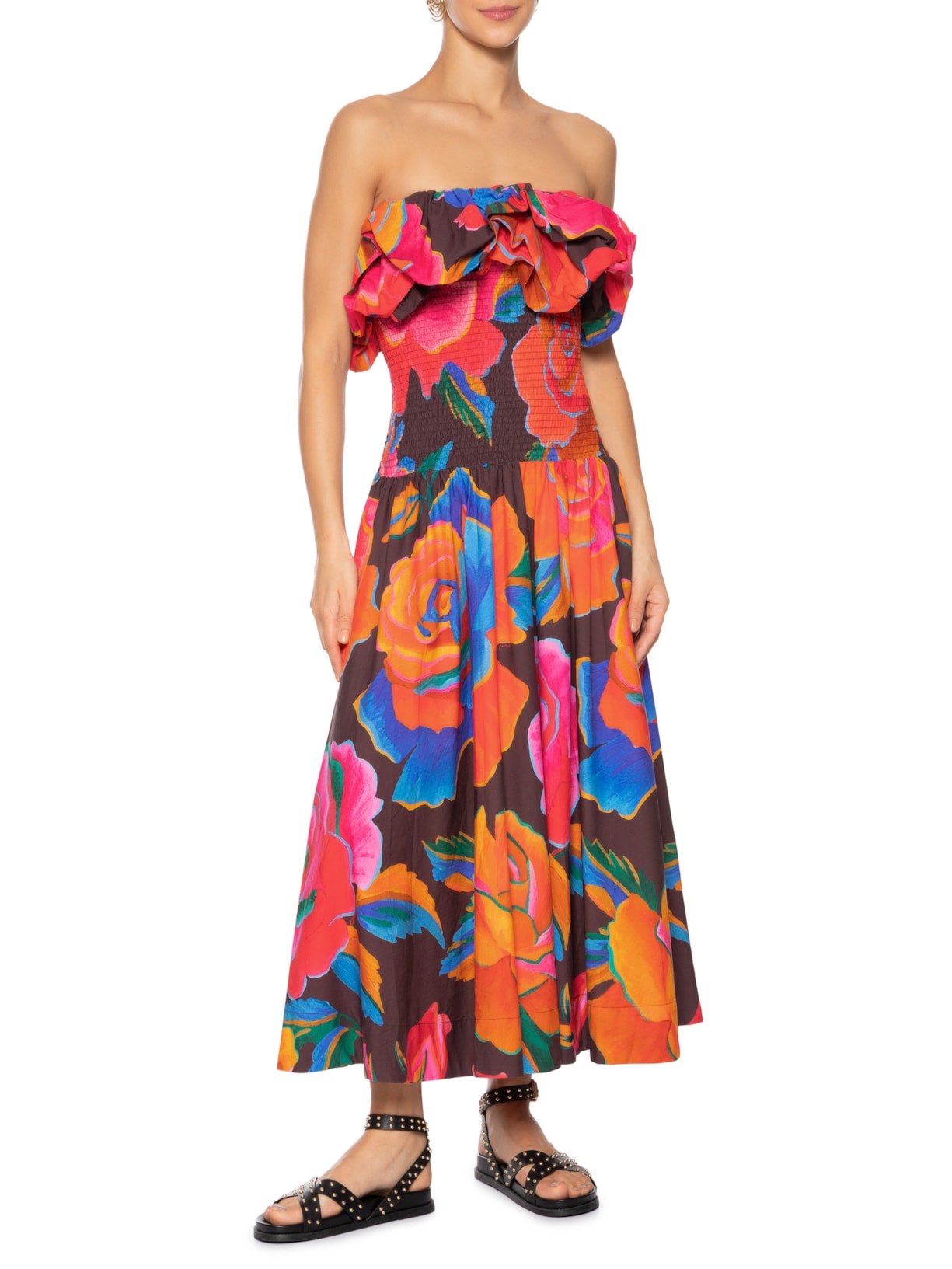  Vestido Balonê Rosas Pintadas Marrom Farm