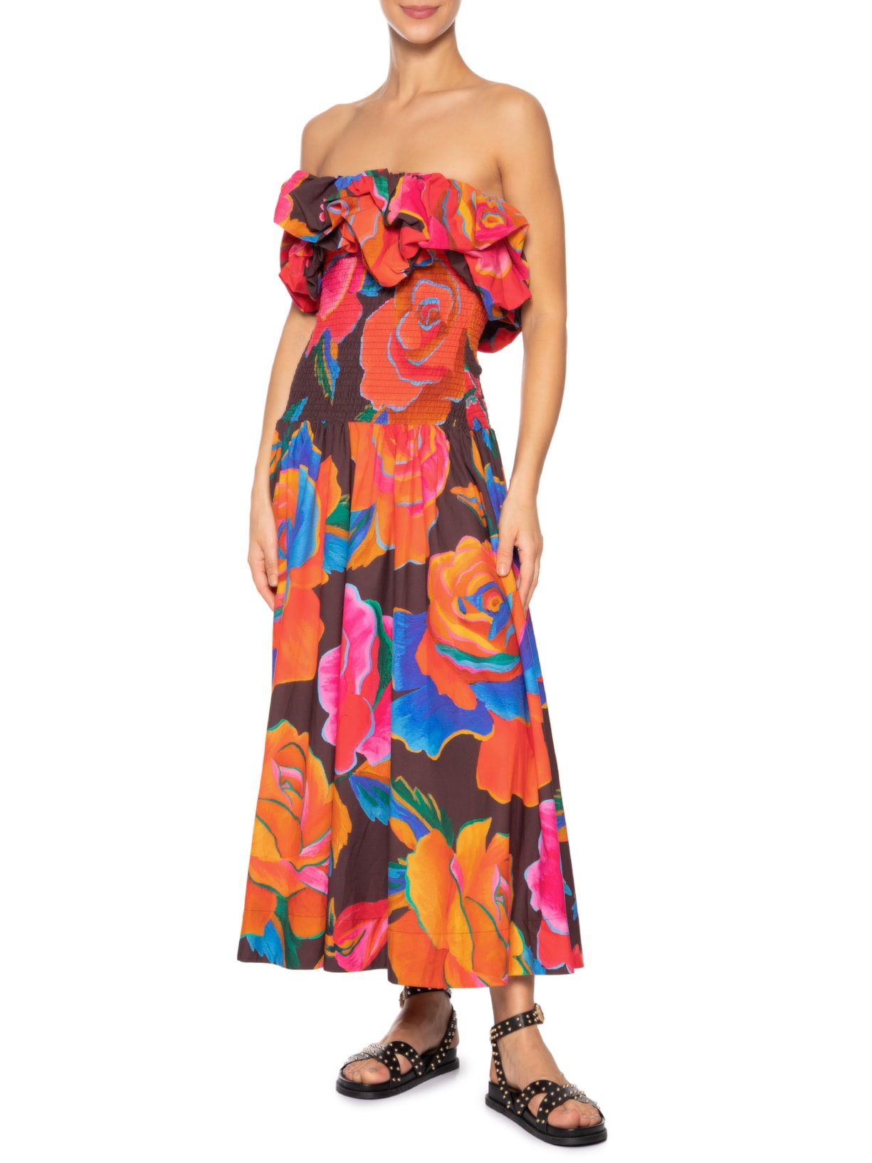  Vestido Balonê Rosas Pintadas Marrom Farm