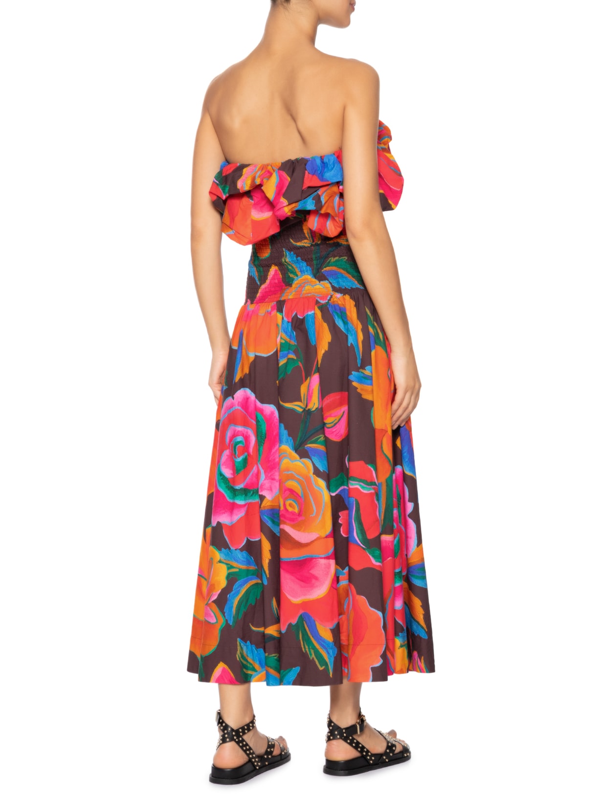  Vestido Balonê Rosas Pintadas Marrom Farm