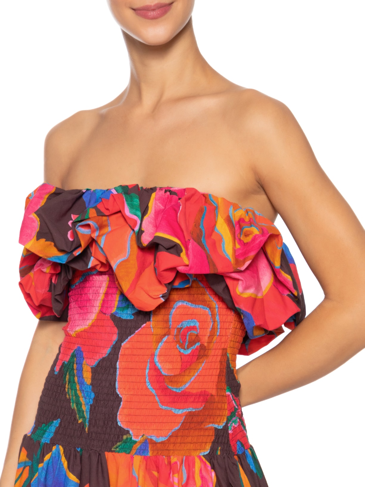  Vestido Balonê Rosas Pintadas Marrom Farm