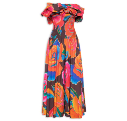  Vestido Balonê Rosas Pintadas - Marrom