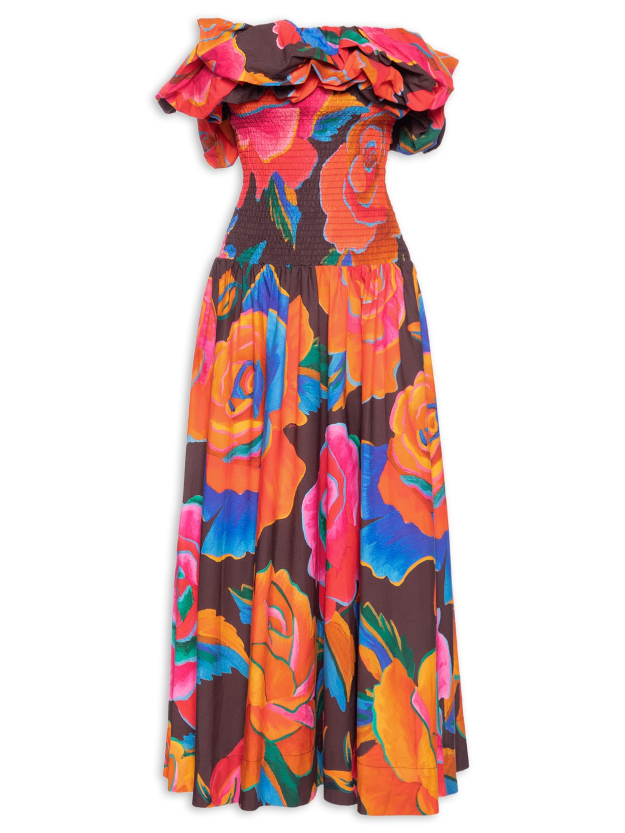  Vestido Balonê Rosas Pintadas Marrom Farm