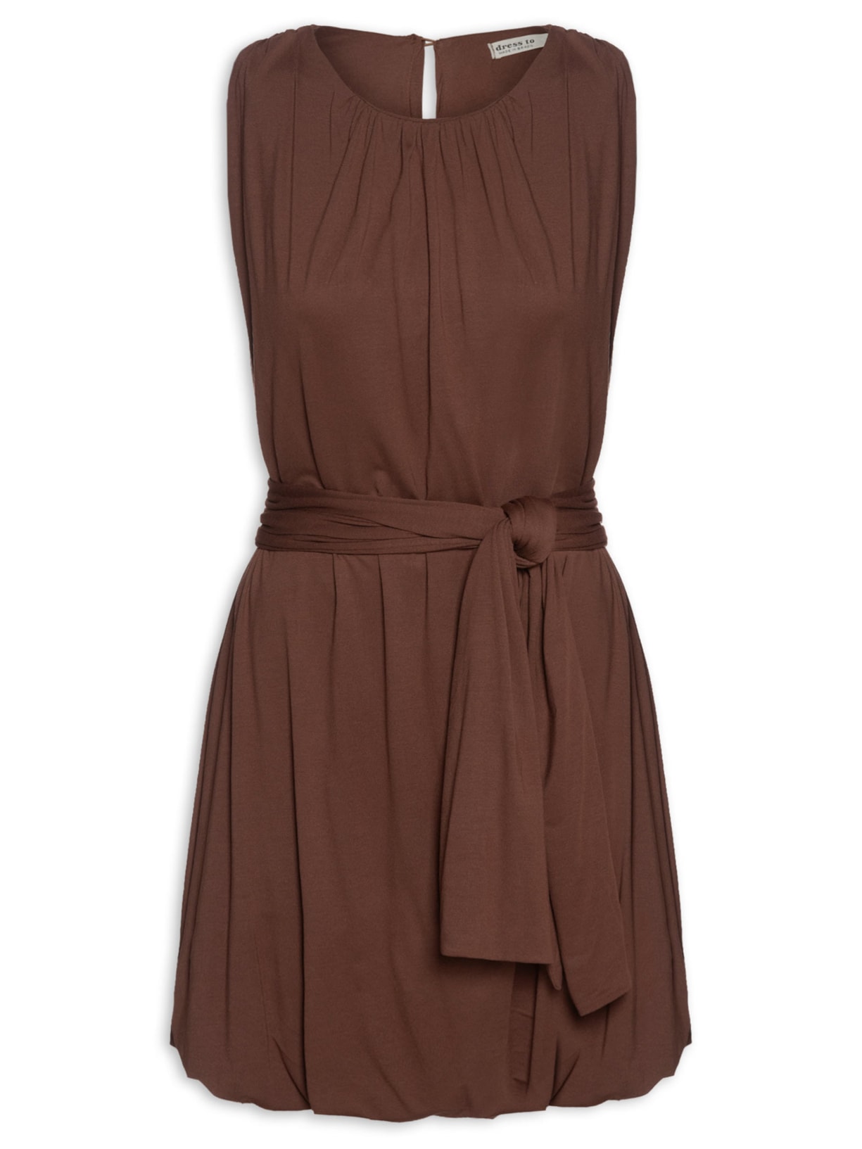 Vestido Básico Balonê Com Faixa - Marrom