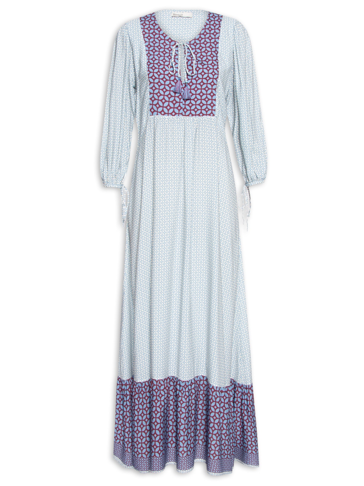 Vestido Boho Longo Estampa Ladrilho - Azul