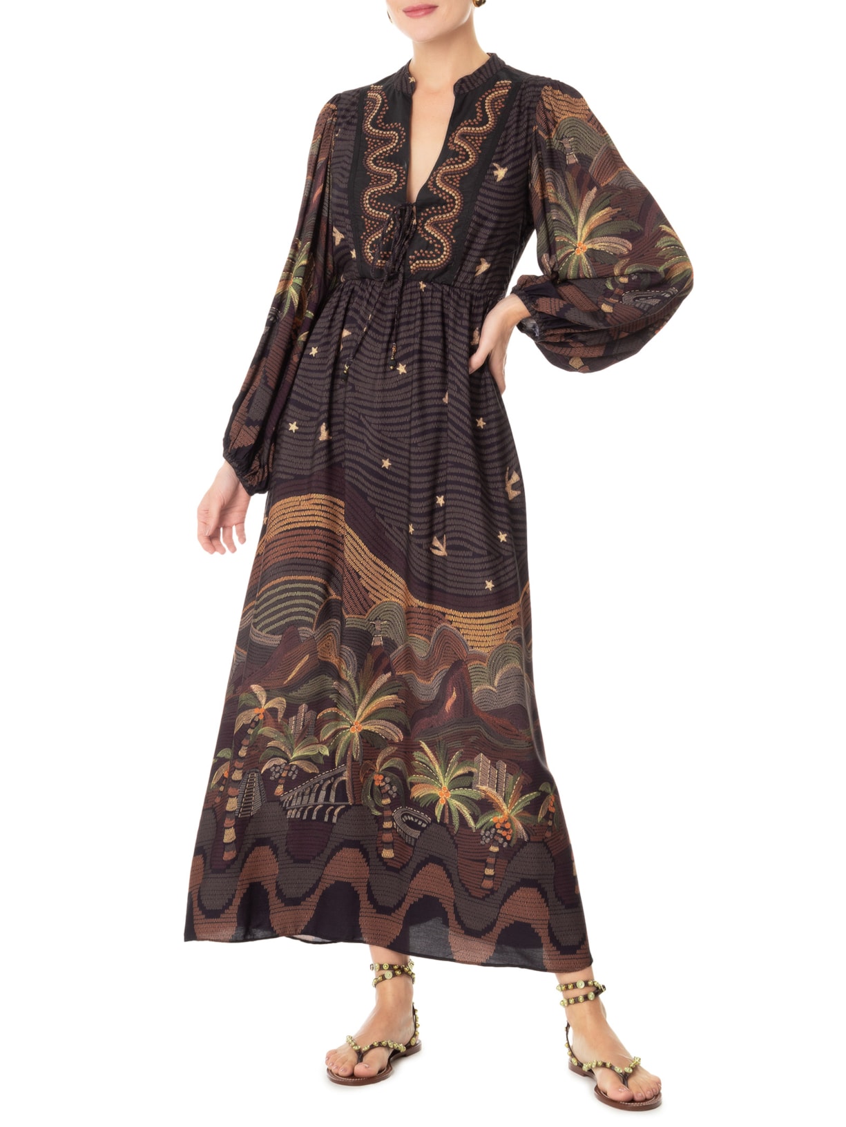 Vestido Bordado Estampa Cena Carioca Marrom Dress To