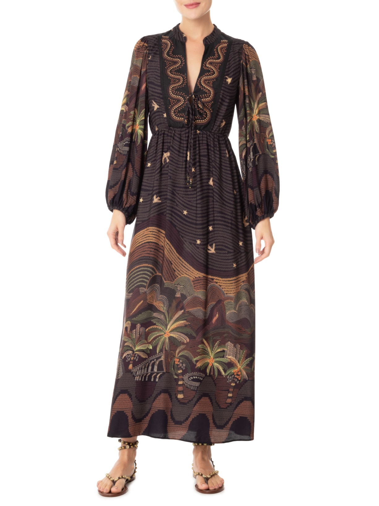 Vestido Bordado Estampa Cena Carioca Marrom Dress To