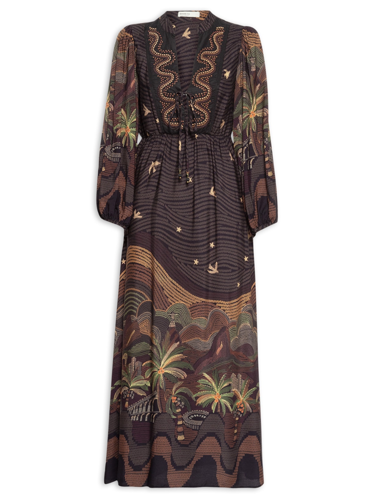 Vestido Bordado Estampa Cena Carioca - Marrom