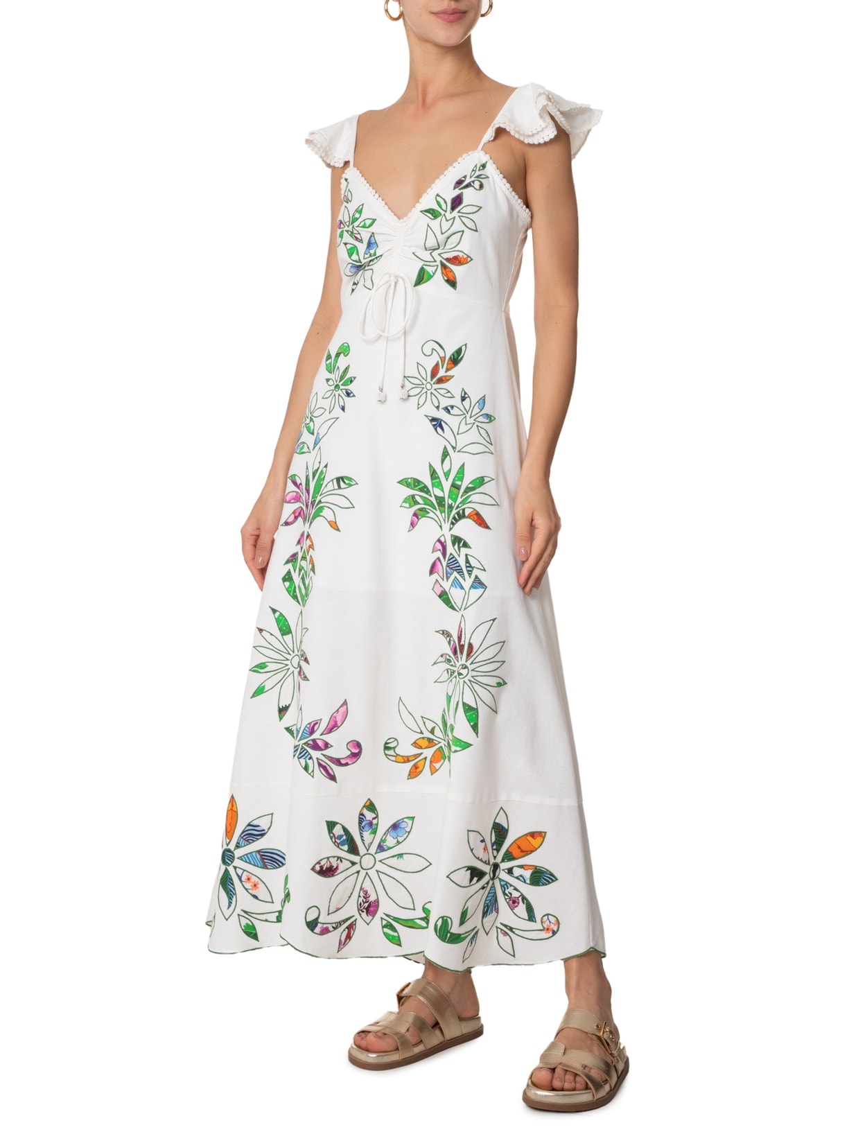 Vestido Bordado Floral Folk Off White Farm