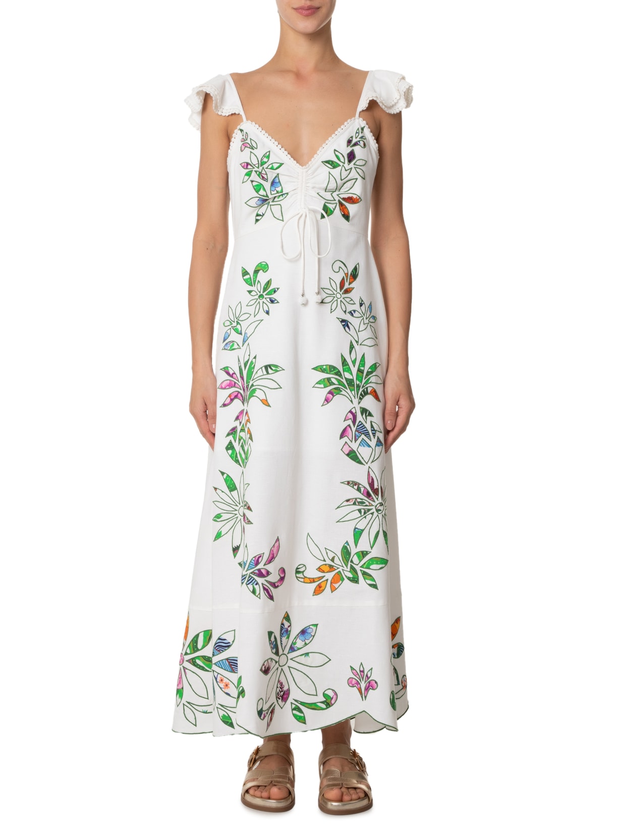 Vestido Bordado Floral Folk Off White Farm