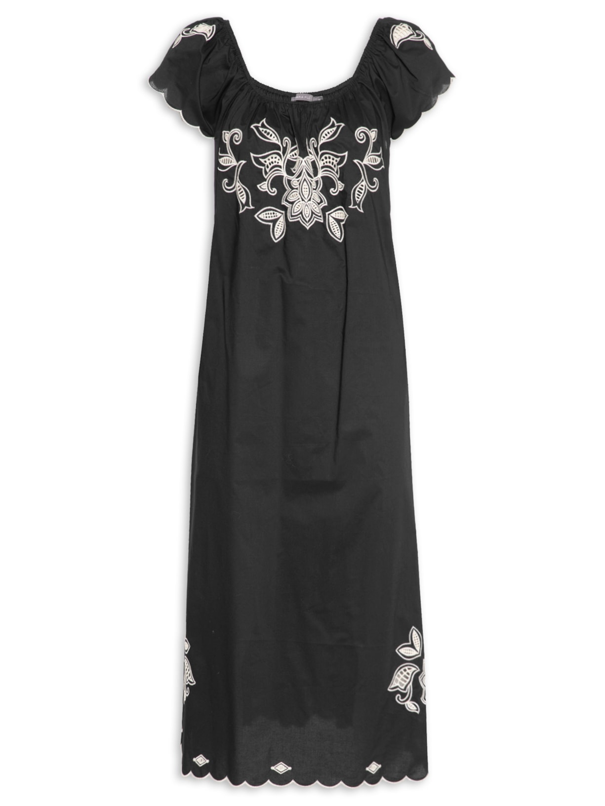 Vestido Bordado Folk Preto Maria Filó