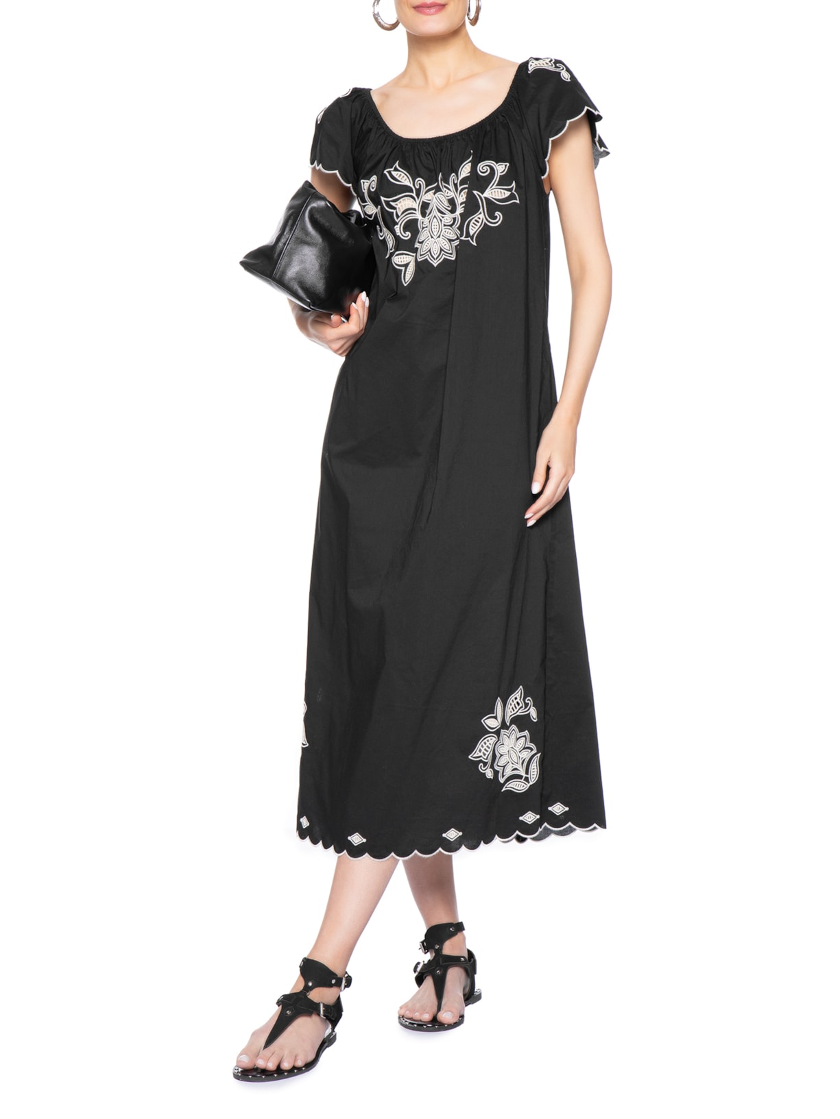 Vestido Bordado Folk Preto Maria Filó