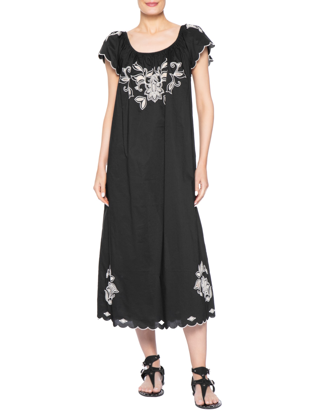 Vestido Bordado Folk Preto Maria Filó
