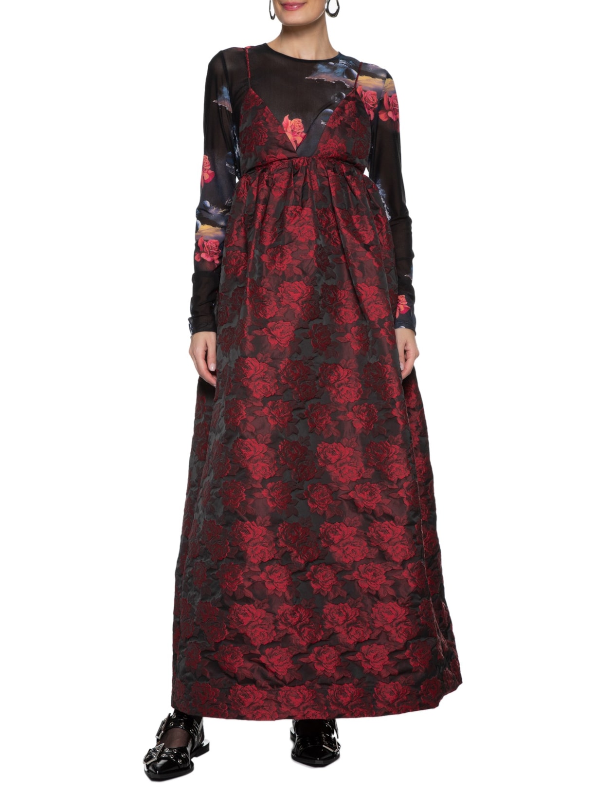 Vestido Botanical Jacquard Long Strap Vermelho Ganni