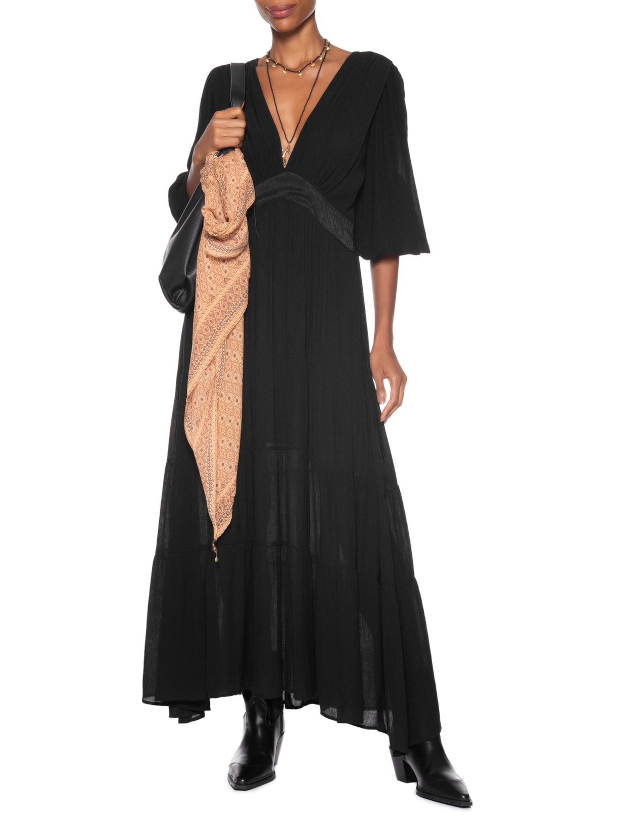 Vestido Camadas Cinto Argolas Preto Maria Filó