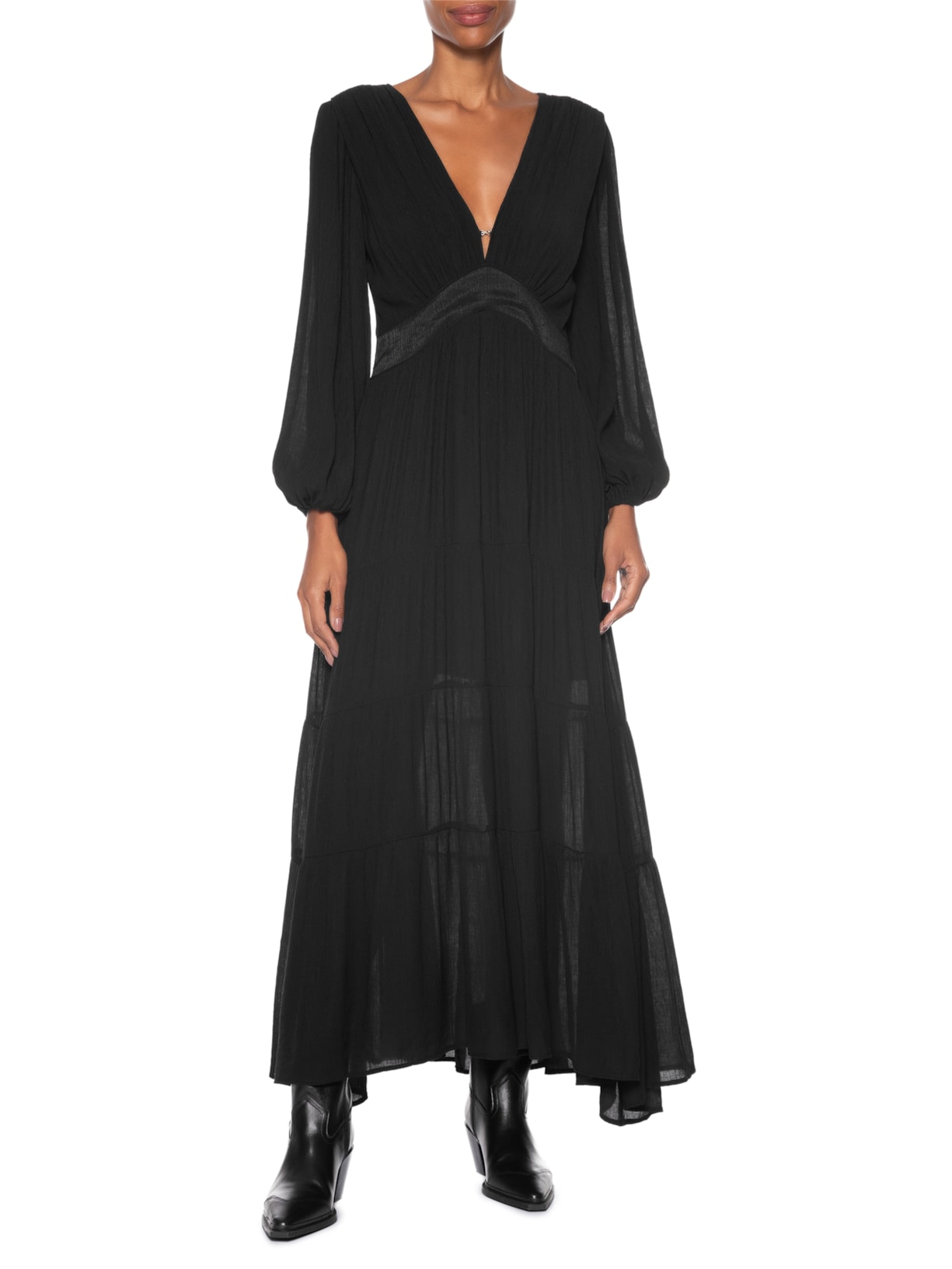 Vestido Camadas Cinto Argolas Preto Maria Filó