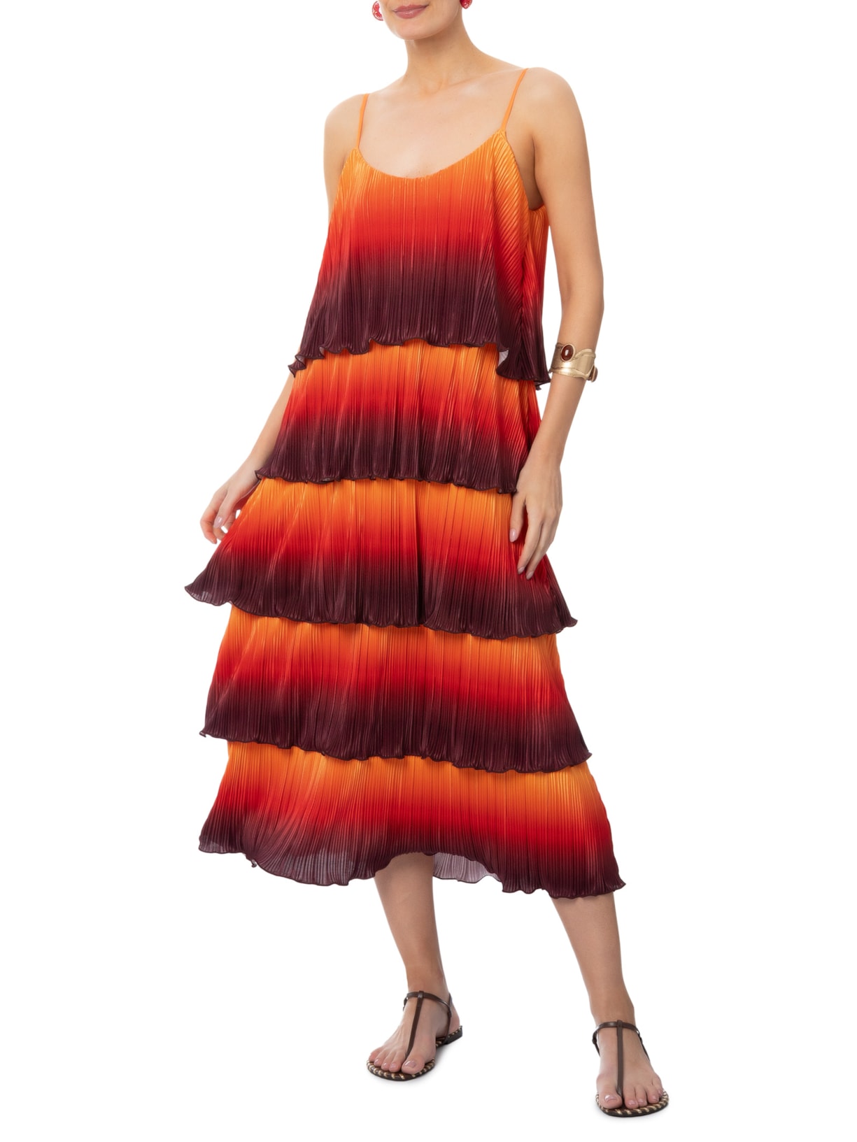 Vestido Camadas Plissado Laranja Farm + Marina Bitu